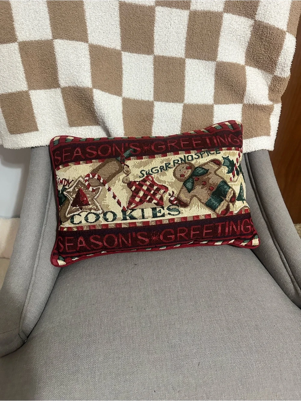 Vintage tapestry Season's Greetings Red Holiday Cookie Pillow